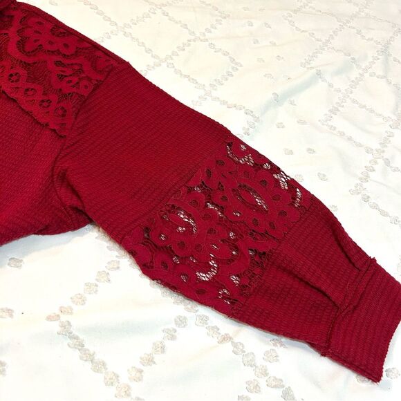 Torrid Waffle V-neck Lace Inset Pullover Sweatshirt Rhubarb Sz 4 - Picture 8 of 16